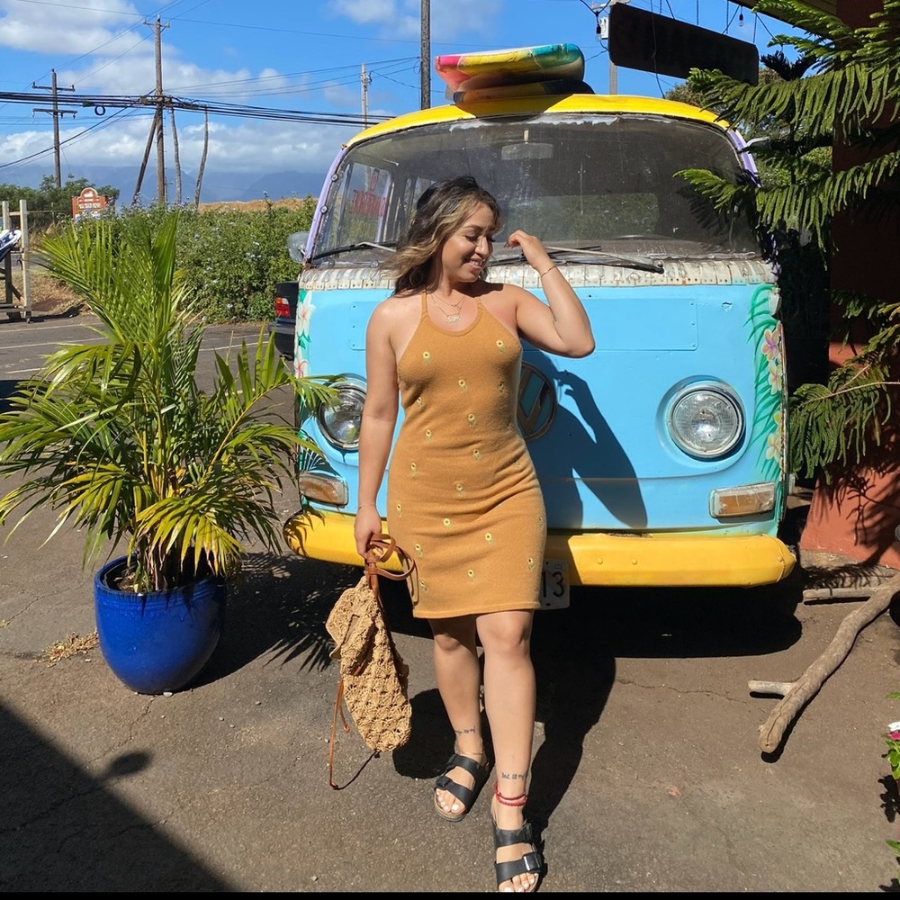 Tan Sleeveless Knit Dress with Sunflowers